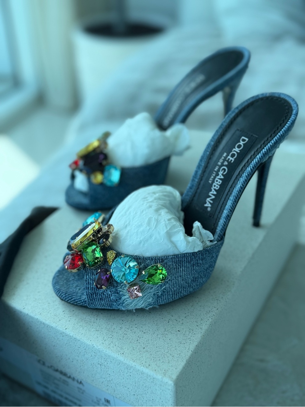 Dolce & Gabbana Denim Jeweled Open-Toe Mule Heels - 36 but fits 36.5